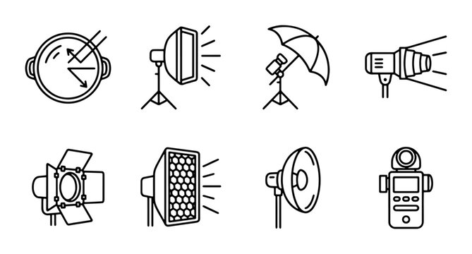 Photography Lighting Equipment Icons, Studio Flash, Softbox, Umbrella, Light Meter, Set