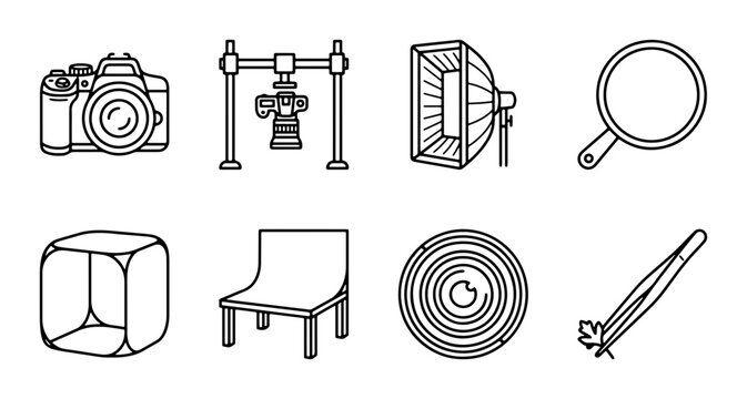 Photography Studio Equipment Icons: Camera, Lighting, Magnifier, Tweezers, Backdrop, Lightbox