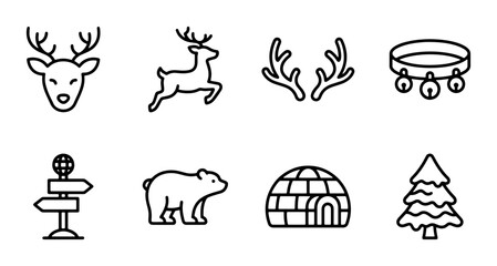 Fototapeta premium Christmas Icons Set: Reindeer, Polar Bear, Igloo, Pine Tree, Antlers, Bells, Signpost Vector Graphics