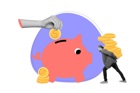 Composite photo collage of dissatisfied businessman carry golden coin stack piggy bank money success income isolated on painted background