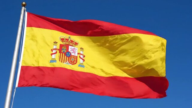 National flag of spain waving against a clear blue sky