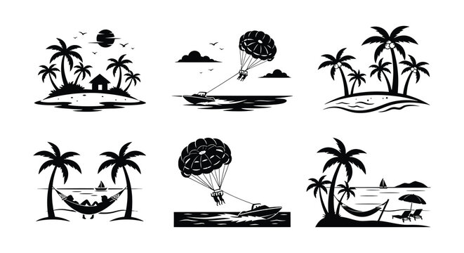 Tropical island silhouettes with palm trees and ocean scenes in black vector style