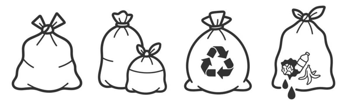 garbage bags with various waste and recycling symbols vector illustration on transparent background