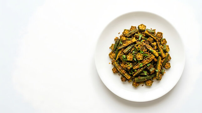 Spicy okra fry served on a white plate against a clean minimalist background