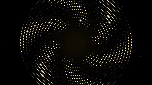 Abstract golden halftone pattern rotating dynamically on dark background.