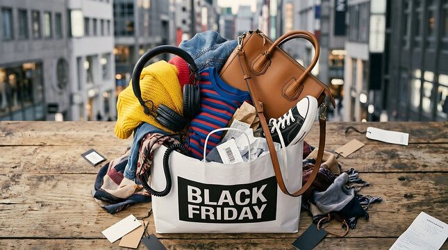 Overstuffed shopping bags with clothes and accessories after black friday sales