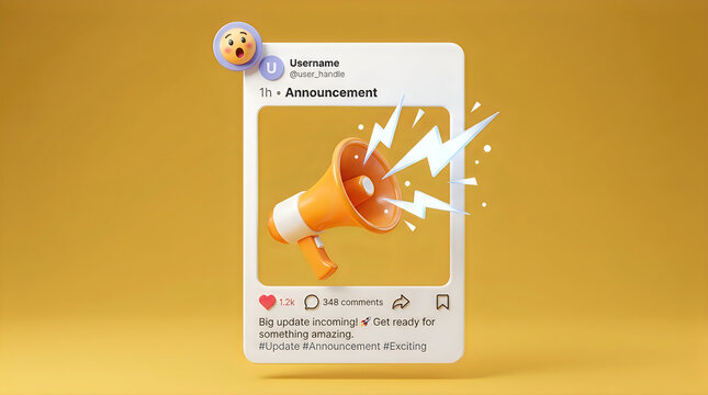 3d social media post template with a megaphone, announcement concept, notification icon, and engagement metrics on a yellow background