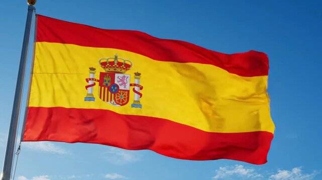 National flag of spain waving against a clear blue sky