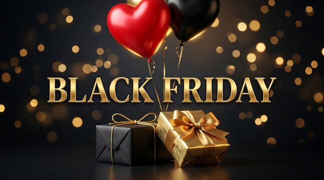 Black friday sale with heart shaped balloons and gift boxes illuminated