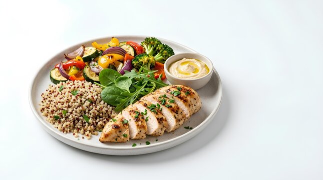 Healthy grilled chicken breast slices served with fluffy quinoa, roasted vegetables including broccoli, bell peppers, and zucchini, fresh greens, and creamy hummus on a white plate.