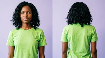 Fototapeta premium Woman Wearing Green T-Shirt Front and Back View for Design Mockup