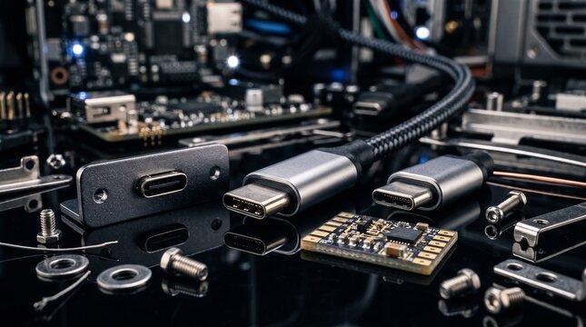 Close up of USB Type C connectors and electronic components on a dark reflective surface