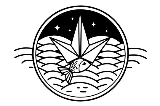 Vintage style compass rose with ship sailing on wavy ocean under starry sky