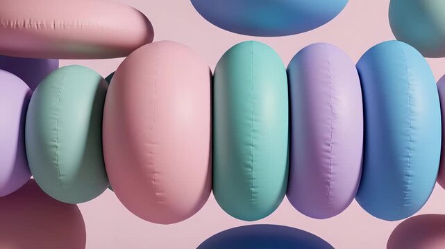 Abstract 3D torus shapes in pastel colors float against a soft pink background.