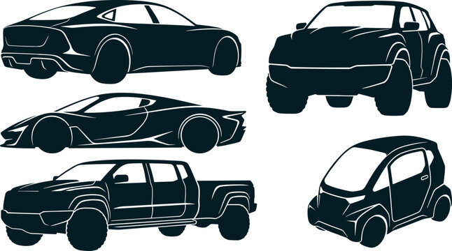 Car silhouettes vector set featuring different automobile types including sports car, sedan, pickup truck, SUV, and microcar in black and white style