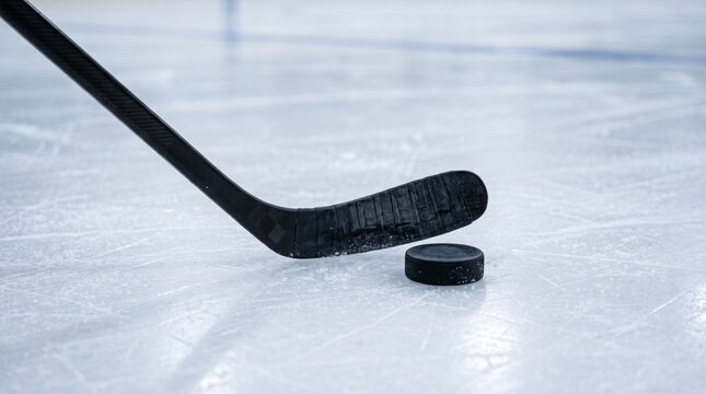Close up of a hockey stick and puck on a clean ice rink surface