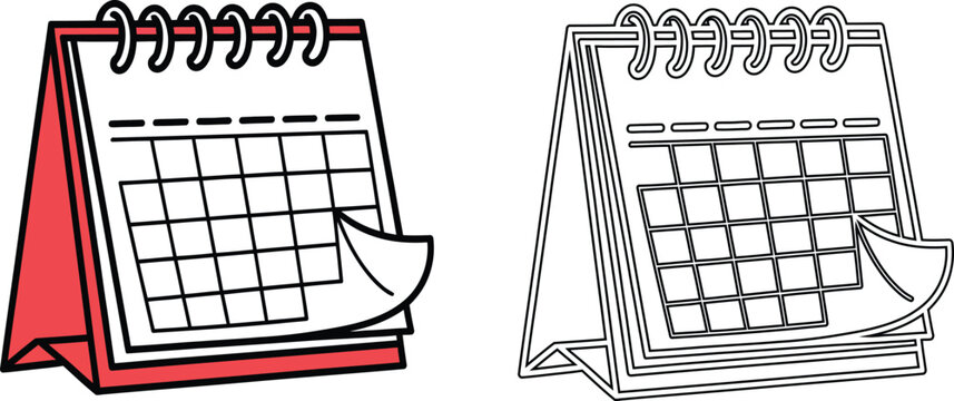 Desk calendar icon set featuring standing spiral planner flip chart with monthly grid table in red color and line outline style for schedule organization.