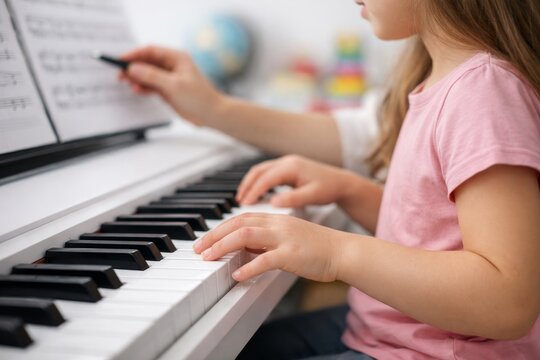 Closeup child piano keyboard hands with sheet music and teacher guidance for music lesson and education background