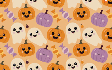 Fototapeta premium Cute halloween pattern with friendly ghosts and orange pumpkins