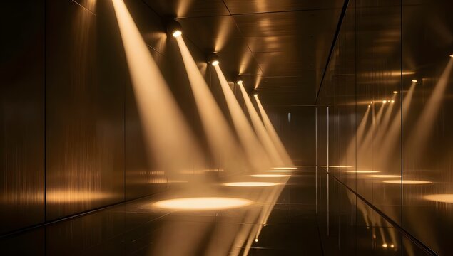 Futuristic Corridor With Cascading Diagonal Warm Spotlights Offset Composition Photo