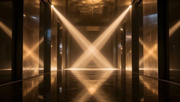 Futuristic Corridor With Diamond Lattice Warm Light Pattern On Mirrored Floor Photo