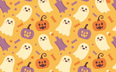 Fototapeta premium Seamless halloween pattern with cute ghosts and pumpkins on orange background