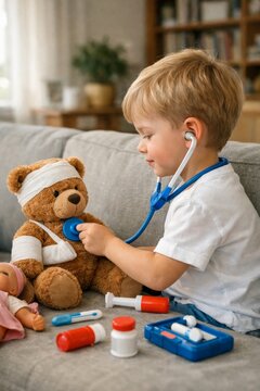 Child playing doctor with a teddy bear using a toy stethoscope for imaginative pediatric roleplay and early childhood learning background