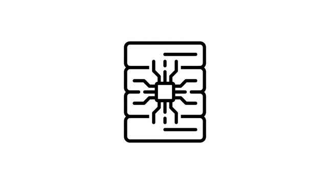 Black line icon of a data center server rack with a central processor chip symbol