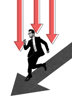 Creative trend collage of excited man running arrow point entrepreneur company weird bizarre unusual fantasy billboard