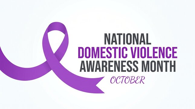 National Domestic Violence Awareness Month graphic with purple ribbon, October campaign banner for social advocacy and community support programs.