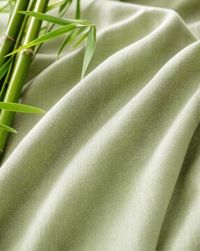 Bamboo fiber textile texture with green bamboo stems and soft folds  