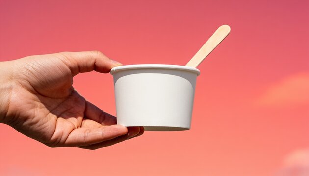 Blank White Paper Ice Cream Cup With Wooden Spoon Mockup, Empty Dessert Tub Packaging, Eco Friendly Food Container, Disposable Yogurt Cup, Ice Cream Cup, Paper Cup Mockup