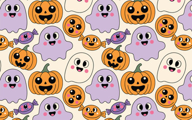 Obraz premium Festive seamless halloween pattern with cute ghosts and pumpkins