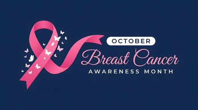Pink ribbon symbolizing breast cancer awareness month decorated with elegant white butterflies set against a dark blue solid background graphic