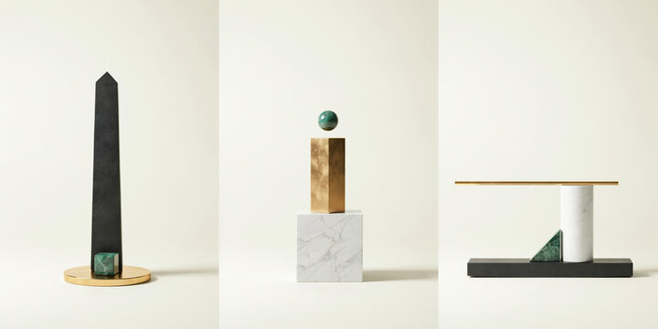 Geometric sculptures featuring green marble, gold metal, and white stone on a neutral