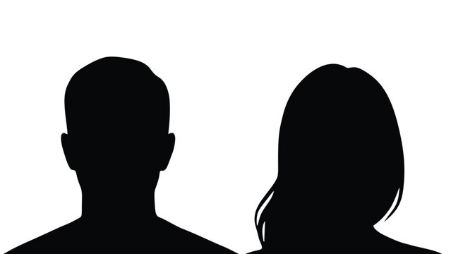 Silhouette of a man and a woman standing side by side facing forward in black on a clean white background