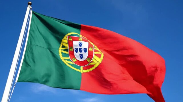 National flag of portugal waving in the wind against a clear blue sky background