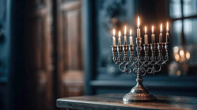 An elegant Hanukkah menorah with nine lit candles in an evening interior. Celebration concept, spirituality, religious holiday