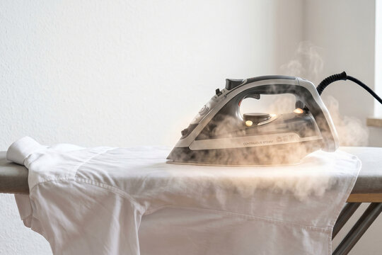 Steam Iron on Ironing Board: A close-up shot captures a modern steam iron actively pressing a white shirt on an ironing board, with billows of steam rising from the heated surface.