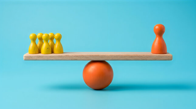 Conceptual image of a seesaw balancing five small yellow game pieces against one large orange game piece on a blue background