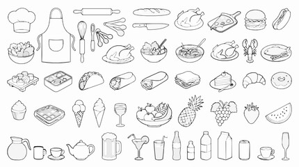 Fototapeta premium A collection of various food and drink outline icons arranged in a grid pattern with monochrome outline illustrations