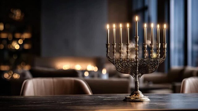 An elegant Hanukkah menorah with nine lit candles in an evening interior. Celebration concept, spirituality, religious holiday