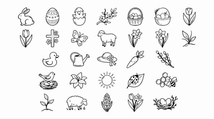 Fototapeta premium Set of various hand drawn spring and easter themed icons on a white background with collection black white line art illustrations