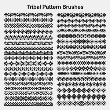 Set of tribal geometric pattern brushes with black and white borders. Vector illustration collection for decorative lines, frames, and ethnic designs.

