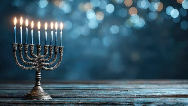 A Hanukkah menorah with lit blue candles on a wooden table against a blue festive background with bokeh lights. Copy space. The concept of celebration, tradition, and spirituality