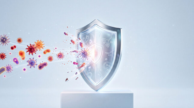 A metallic shield deflecting and breaking apart colorful viruses and bacteria on a light background. Immune system, health protection, medical defense, virus prevention.
