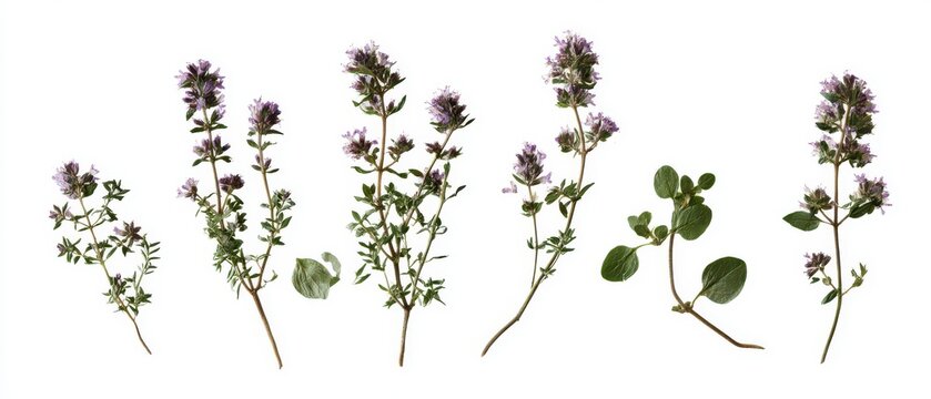 Pressed Thyme flowering sprigs and leaves, aromatic botanical set, pure white background