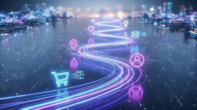 Digital transformation concept with glowing neon icons representing ecommerce, social media, and connectivity on a data flow path