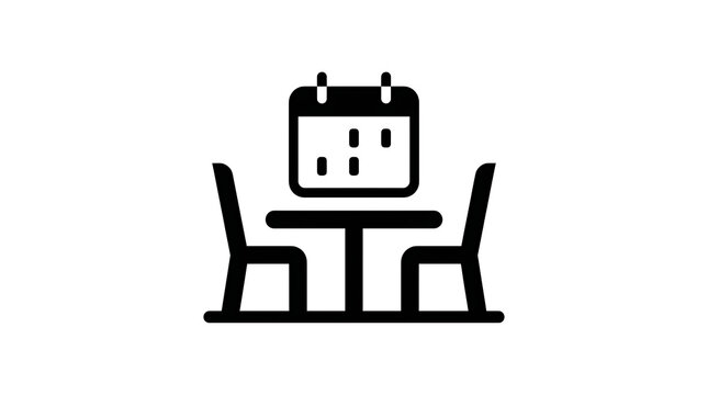 Black restaurant reservation icon with a calendar and dining table isolated on white