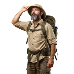 Fototapeta premium Bearded man with backpack wearing a safari hat isolated on transparent background